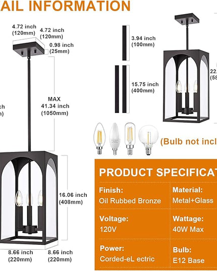 VINLUZ Modern Oil Rubbed Bronze Chandelier 3 Light Dining Room Light Fixture with Clear Glass Shade Industrial Outdoor Pendant Lights for Entryway Hallway Porch