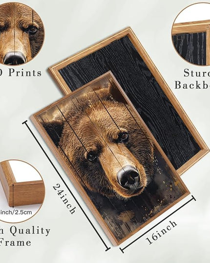 ANHUIB Brown Bear Wall Art 16x24 Inch Forest Paintings Rustic Wildlife Wall Decor Set of 3 for Living Room Bedroom Dining Room