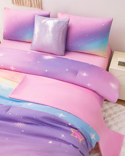 Rainbow Bedding Set Twin Size – 6-Piece Reversible Girls Comforter with Deep-Pocket Sheet, Gradient Galaxy Design, Whole-Piece Filling, Machine Washable Bed-in-a-Bag for Kids Room Makeover & Gifts