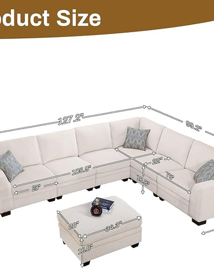 Legend Vansen Oversized Modular Sectional Sofa,7 Seat U Shaped Couch with Ottoman,Corduroy Sofa with Deep Seat,Convertible Large Sectional Couches for Living Room(Cream, L-7)