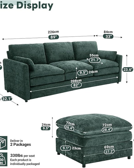 Tbfit Living Room Furniture Set, Standard Sofa & Ottoman, Modern Comfy Cloud Sofa Set, Spring Seat Cushions, Chenille, Green