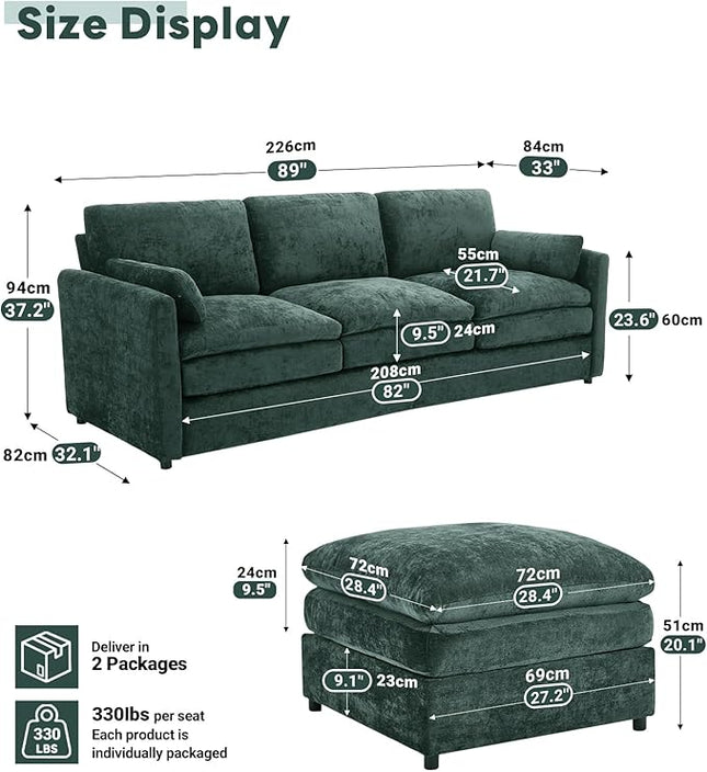 Tbfit Living Room Furniture Set, Standard Sofa & Ottoman, Modern Comfy Cloud Sofa Set, Spring Seat Cushions, Chenille, Green
