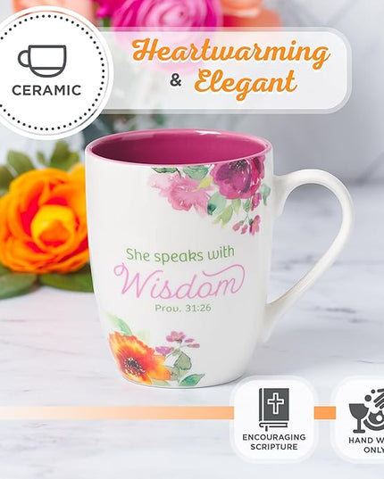 Christian Art Gifts Inspirational Ceramic Coffee & Tea Scripture Mug for Women: She Speaks with Wisdom Bible Verse, Microwave & Dishwasher Safe Drinkware, Multicolor Floral, White & Dark Pink, 12 oz.