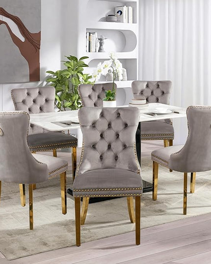 SoarFlash Velvet Dining Chair Set of 8, Upholstered Tufted Dining Room Chair with Nailhead Trim and Solid Gold Plated Leg for Kitchen(Grey)