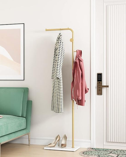 Gold Coat Rack with White Base, Freestanding Entryway Rack with 3 Hooks, L Shape Home Coat Hanger for Jackets, Hats, Clothes