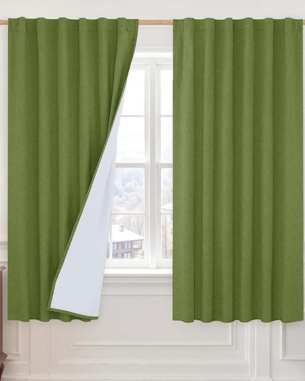 LAMIT 100% Blackout Linen Curtains, 68 Inches Linen Textured Thermal Bedroom Drapes Back Tab and Rod Pocket Christmas Panels with White Liner for Living Room, 2 Panels, 52 x 68 Inch, Olive Green