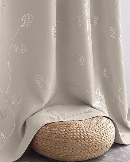 BUHUA White Black Out Curtains 63 Inch Long 2 Panels, Soundproof Curtains with Elegant Silver Leaf Print, Heat Blocking Curtains for Livingroom, 52W x 63L, Natural