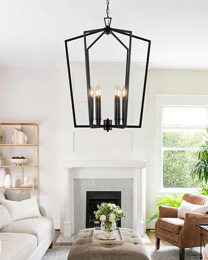 Vezzio Black Chandelier, 6-Light Modern Farmhouse Chandeliers Geometric Industrial Pendant Light Fixture Lantern for Dining Room Foyer Kitchen Island High Ceiling Hallway Entryway, D25 Inch