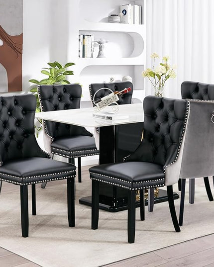 SoarFlash Leather Dining Chairs Set of 8, Tall Back Side Chair, Modern Upholstered Side Chair with Button Back Ring, Solid Wood Legs (Black&Grey)