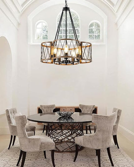 20.8'' Farmhouse Chandeliers for Dining Room, 5-Light Rustic Chandelier Wood Grain Metal Round Hanging Light Fixture, Vintage Drum Pendant Lights for Living Room, Bedroom, Kitchen, Entryway