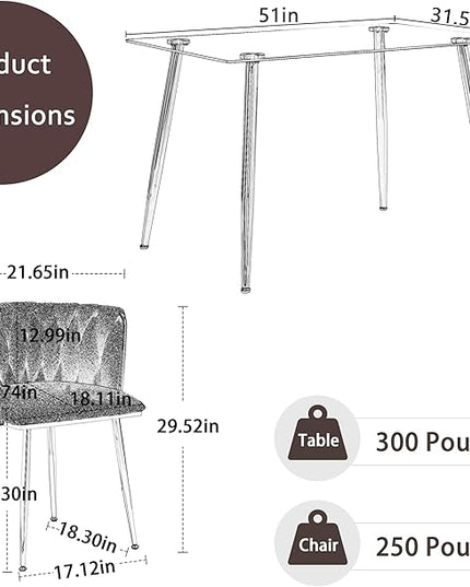 Silver Glass Dining Room Table Set for 6, 51'' Modern Luxury Rectangular Dinner Table Set, 7 PCS Clear Glass Top Minimalist Kitchen Table Set, Ivory Woven Dining Chair for Small Apartment