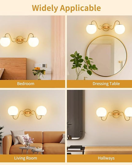 2 Lights Bathroom Vanity Light Fixtures Over Mirror, Brushed Gold Vintage Vanity Lights For Bathroom With Milk White Glass Globe Shade, Wall Lights For Bedroom, Hallway, Dressing Table,Includ G9 Bulbs