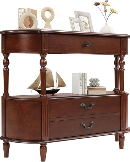 HMFULE Solid Wood Retro Curved Console Table, 43" Half Moon Console Table Sofa Table Entryway Table with 3 Drawers Open Shelf Pine Roman Legs Curved Corners for Living Room,Entryway,Hallway,Cherry