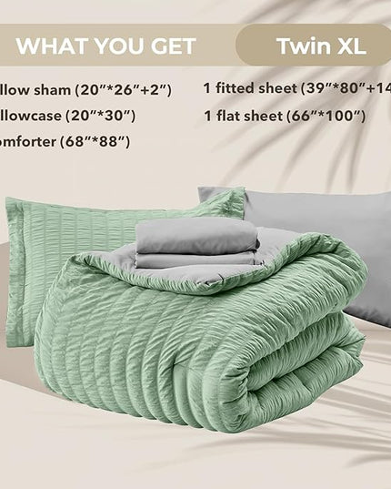 HYMOKEGE Sage Green/Light Grey Twin XL Comforter Set Seersucker 5 Pieces, All Season Luxury Bed in a Bag for Bedroom, Bedding Set with Comforter, Sheets, Pillowcase & Sham