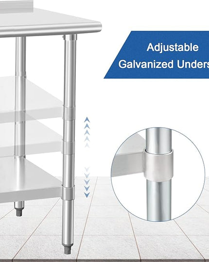 HARDURA Stainless Steel Prep & Work Table 30 x 72 Inches NSF Heavy Duty Commercial with Undershelf and Backsplash, Galvanized Legs for Commercial Food Prep