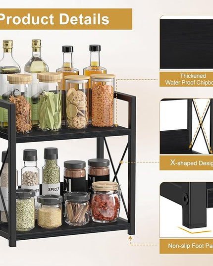 Giikin Countertop Organizer, 2 Tier Coffee Station Organizer for Desktop, Wood Counter Shelf Spice Rack for Kitchen (Black, M)