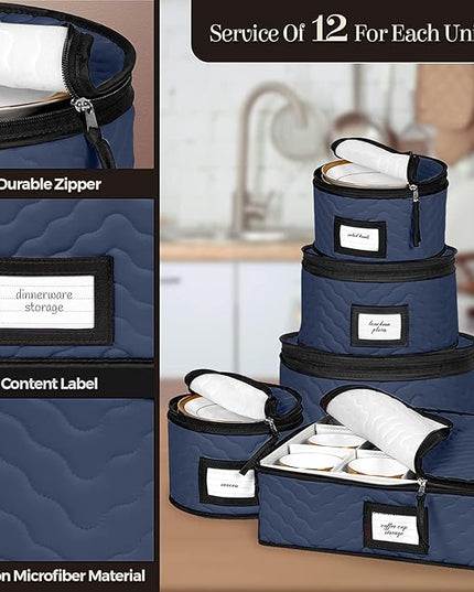 China Storage Containers 5-Piece Set Moving Boxes for Dinnerware, Glasses, Plates, Mugs and Saucers Sturdy Quilted Microfiber Dish Organizer with Dividers for Seasonal Storage - Holds Set of 12, blue