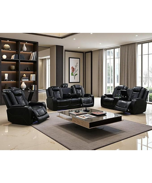 Power Recliner Sofa Set with Drop-Down Table, 3-Piece Leather Reclining Sofa Sectional Couches, Living Room Furniture Sets, Reclining Sofa with Cup Holders/Storage Console for House(Black)