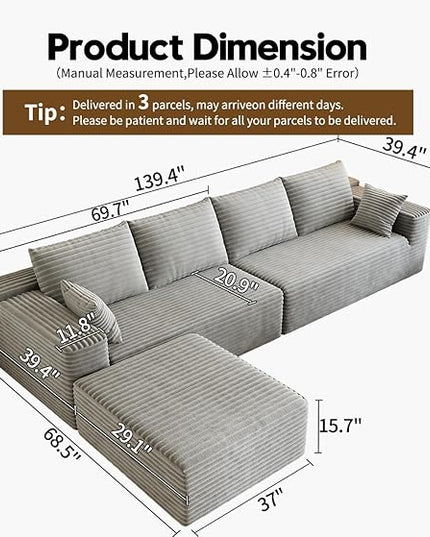 139.4" Modular Sectional Sofa, L-Shaped Minimalist Couches with Ottoman Chaise, Modern Deep Seat Convertible Sleeper Sofa,Cloud Plush Corduroy Fabric, No Assembly Required, 5 Seater, Grey