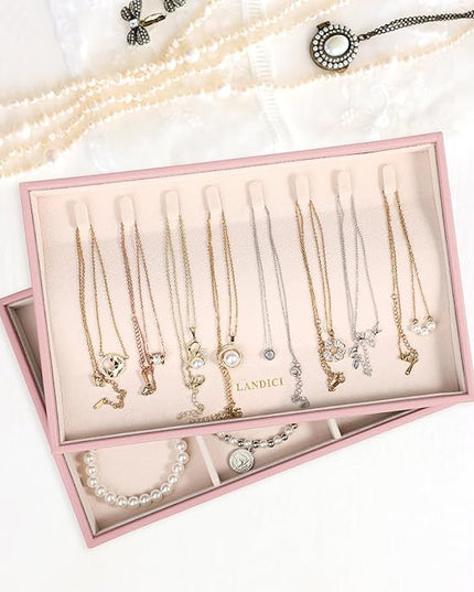 LANDICI Stackable Jewelry Organizer Trays 4 Set,PU Leather Jewelry Organizer Drawer,Jewelry Storage Display Tray for Earring Necklace Rings Bracelet with Removable Dividers,Rose Gold