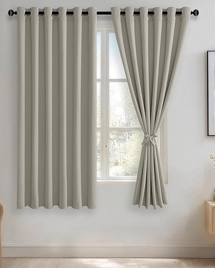 JIUZHEN Silver Grey Blackout Curtains with Tiebacks Thermal Insulated, Light Blocking and Noise Reducing Grommet Curtains for and Living Room, Set of 2 Window Curtain Panels, 70 x 63 Inch Length