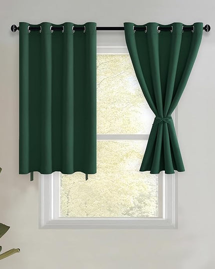 JIUZHEN Short Curtains Kitchen Half Window Blackout Curtains with Tiebacks for Baseroom Shadows, Grommet Curtains for Living Room, Set of 2 Window Curtain Panels, 52 x 36 Inch Length，Forest Green