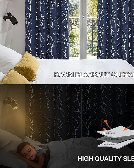 BUHUA Blackout Curtains 2 Panels Set Small Window Grommet Top Window Drapes Room Darkning Short Curtains Shinny Tree Branches Print Pattern 52W x 45L, Navy Blue