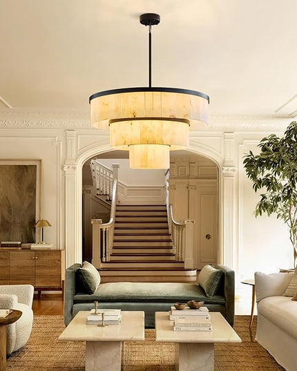 D34.3 Round Alabaster Chandelier, 3-Tier Brass Marble High Ceiling Chandeliers, Modern Dining Room Chandeliers Living Room Light for Entryways, Foyer, Stair, Kitchen Black(Include Bulbs)