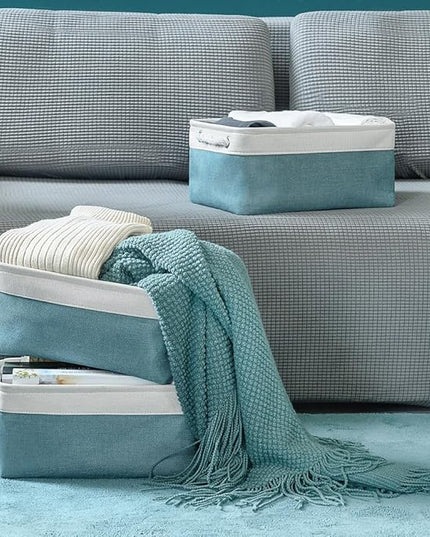 TheWarmHome Fabric Storage Bins Baskets for Organizing,Sturdy Storage Basket W/Handles, Decorative Foldable Storage Baskets for Shelves Closet Nursery Toy (White&Teal, Medium - 3 Pack)