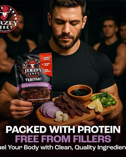 Jerzey Jerky Teriyaki Brisket Jerky 2.5oz (2 Pack) – High Protein, Gluten Free and Healthy Beef Snacks with Rich, Authentic Flavor
