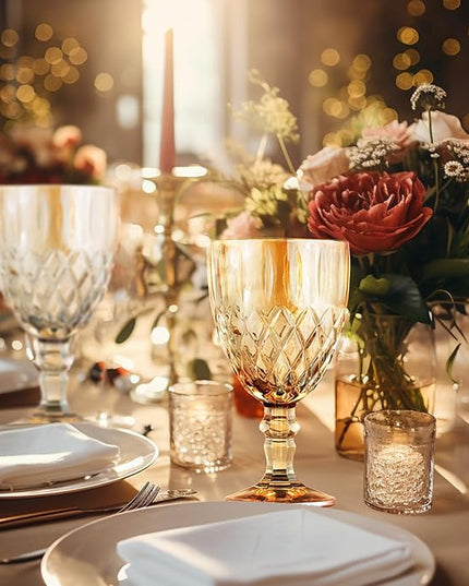 24 Pcs Vintage Wine Glasses, 11 Ounces Colored Glass Water Goblets, Colorful Unique Embossed Pattern High Clear Stemmed Glassware Wedding Party Bar Glass Drinking Cups Amber Fancy Glasses Set of 24