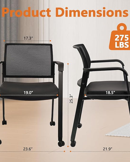 CLATINA Stacking Office Chair with Wheels, Mesh Back Waiting Room Guest Chairs with Arms Comfortable Leather Cushion Stackable Desk Chair for Conference Reception School Side Stationary, Black, 4PK