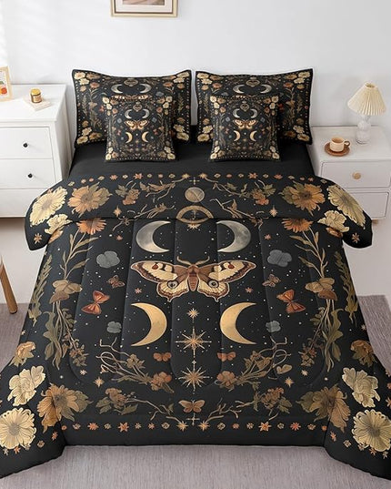 Feelyou 7 Piece Death Moth Bed in a Bag Queen for Boys Kids Boho Butterfly Sheet Set,Moth Flower for Girls Women Rustic Garden Bedding Set with Comforter Moth Flower Cushion Covers