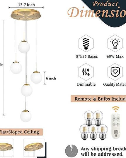 KoKo&Yukina 5-Light Globe Glass Pendant Light Adjustable Length Pendant Lights Fixtures Modern Gold Chandelier with Milky White Glass Ceiling Lights for Foyer Hallway Bedroom (Bulb & Remote Incl.)