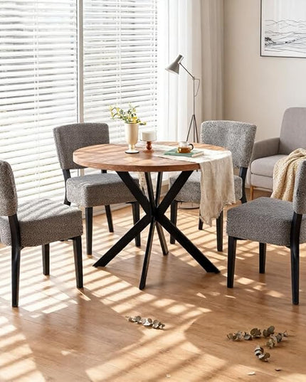 5-Piece Round Dining Table Set, Modern Small 37" Kitchen Table Chairs Set, Upholstered Stackable Dining Chairs with Black Metal Legs for Living Room Apartment, Space-saving, Imitation Wood&Grey