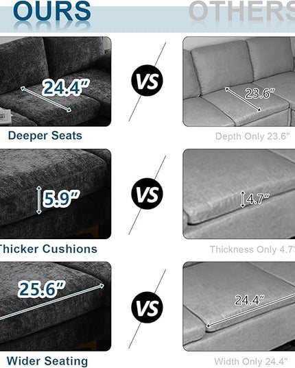 VINGLI 110" Large U-Shape Sectional Sofa Couch with 51" D Double Chaise for Living Room, Modern Sectional Couch Set with Soft 5.9" Thickness Seating Padding, Chenille Fabric,Metal Gold Legs(Black)