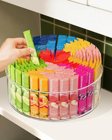 Rotating Drink Mix Organizer, Clear Lazy Susan Turntable for Powder Packet, Water Packet, Water Flavor Packet, Divided Drink Packet Organizer