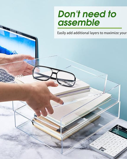 Harloon 4 Tier Acrylic Paper Tray 12 x 9.3 x 2.7 Inches Stackable Letter Clear Organizer No Need to Assemble Acrylic Paper File Organizer for Office Workspace Desktop Storage(Transparent)