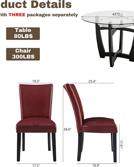 PADMA HOUSE Round Glass Dining Table Set for 2, 45in Modern Kitchen Small Wood Dinner Table with 2 Parsons Leather Dining Chairs 3 Piece Dining Room Table Chair Set, Clear&Wine Red