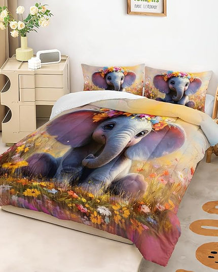 AILONEN Kids Cartoon Elephant Queen Size Comforter Set,Cute Animal Bedding Sets,Farm Flower Duvet Set,3 Pieces,1 Quilt and 2 Pillowcases,Microfiber