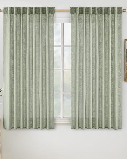 MIULEE Sage Short Linen Curtains 45 Inch Length 2 Panels for Kitchen Bedroom Bathroom,Green Soft Thick Linen Textured Window Drapes Semi Sheer Light Filtering Back Tab Rod Pocket Burlap Look Decor
