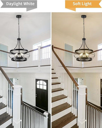 5-Light Farmhouse Chandelier, 17.72" Rustic Drum Dining Room Light Fixture, Black Chandeliers Hanging Pendant Lighting, Industrial Candle Chandeliers for Living Room Kitchen Entryway Bedroom