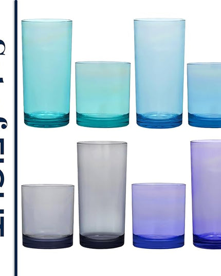 US Acrylic Classic Plastic Reusable Drinking Glasses (Set of 8) 12oz Rocks & 16oz Water Cups in Coastal Colors | BPA-Free Tumblers, Made in USA | Top-Rack Dishwasher Safe