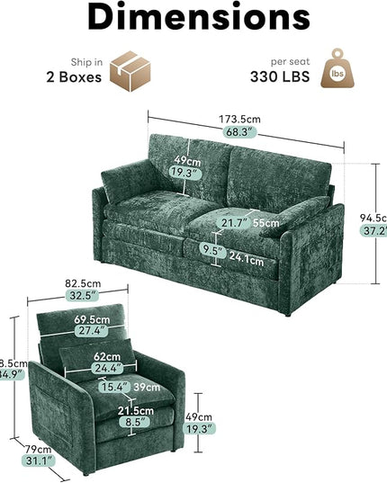 Tbfit Living Room Furniture Set, Loveseat Couch & Accent Chair, Modern Comfy Cloud Sofa Set, Spring Seat Cushions, Chenille Fabric, Green