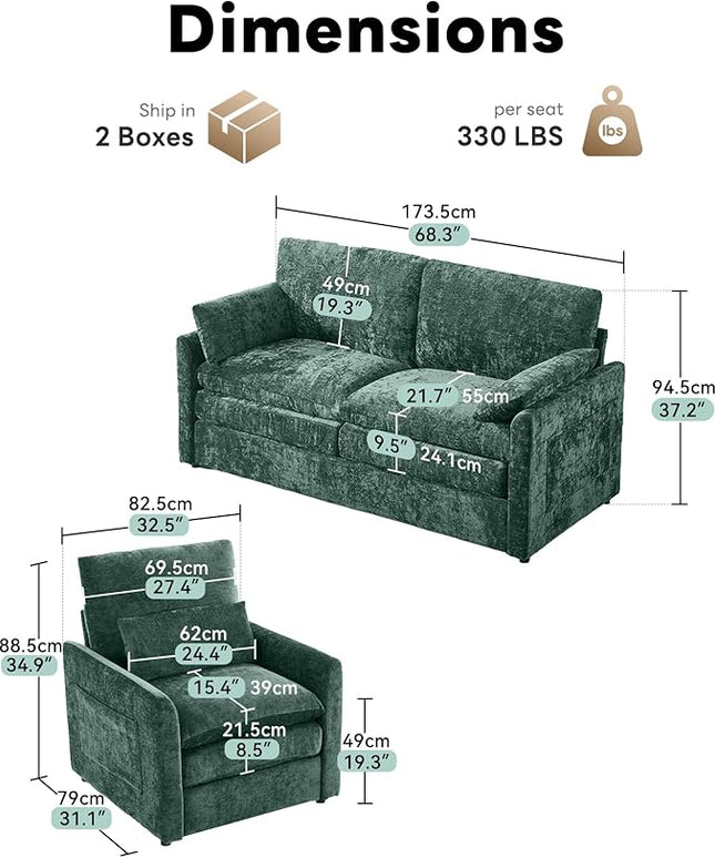 Tbfit Living Room Furniture Set, Loveseat Couch & Accent Chair, Modern Comfy Cloud Sofa Set, Spring Seat Cushions, Chenille Fabric, Green