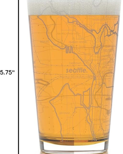 Well Told Engraved Seattle Washington Map Pint Glass, Etched Beer Gift (16 oz, Clear) City Map Pint, Custom City Glassware, Gifts For Beer Lovers
