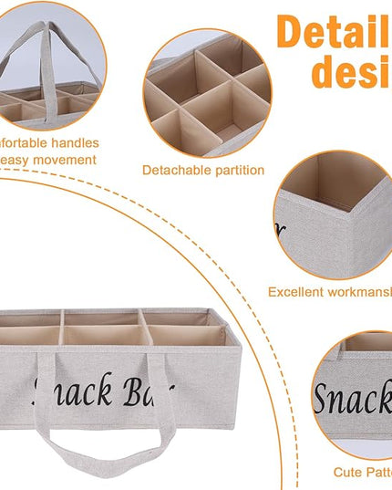 Snack Organizer for Countertop, Fabric Snack Organizer with Handle, 6 Compartment Snack Tray Snack Basket Container, Foldable Picnic Basket, Kitchen Pantry Organizer and Storage-Khaki Stripe