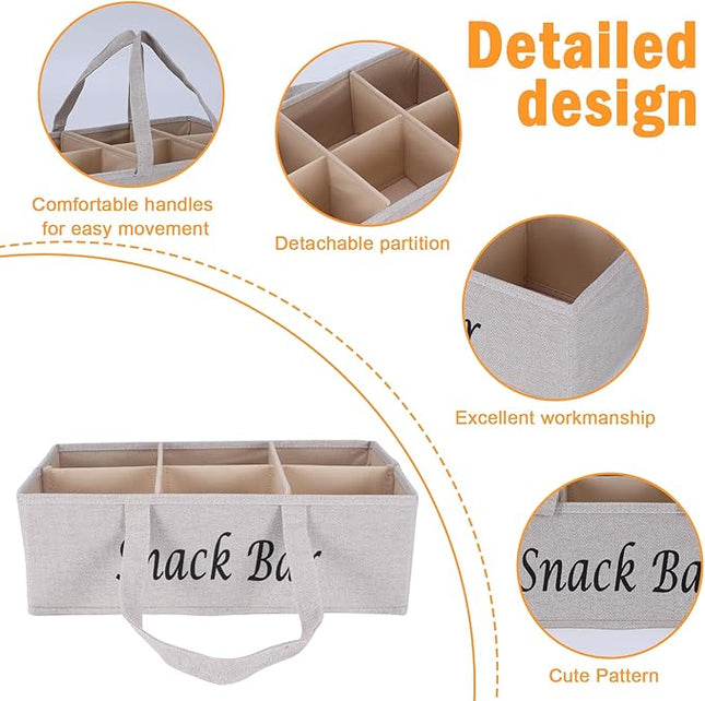 Snack Organizer for Countertop, Fabric Snack Organizer with Handle, 6 Compartment Snack Tray Snack Basket Container, Foldable Picnic Basket, Kitchen Pantry Organizer and Storage-Khaki Stripe