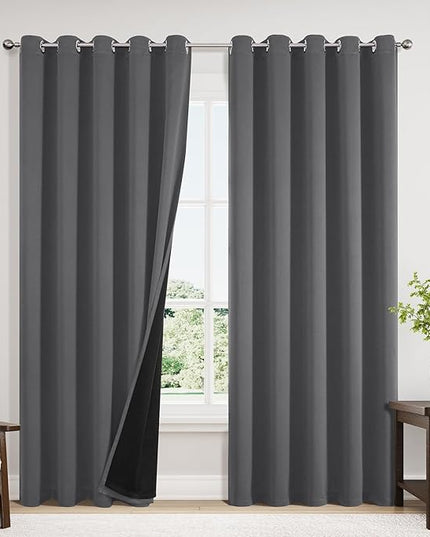 ChrisDowa 100% Blackout Curtains 84 inch Long for Bedroom with Black Liner, Extra Wide 2 Thick Layers Total Blackout Thermal Insulated Grommet Window Curtains 2 Panels Set (Grey, 60 x 84 Inch)