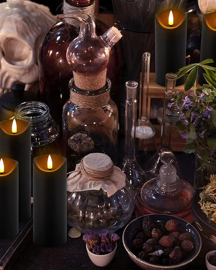 24 Pack Halloween Decoration Flickering Flameless Candles, Battery Operated LED Pillar Candles with Remote Control and Timer.for Home Decor (D2.2 xH 5" 6" 7" Black)
